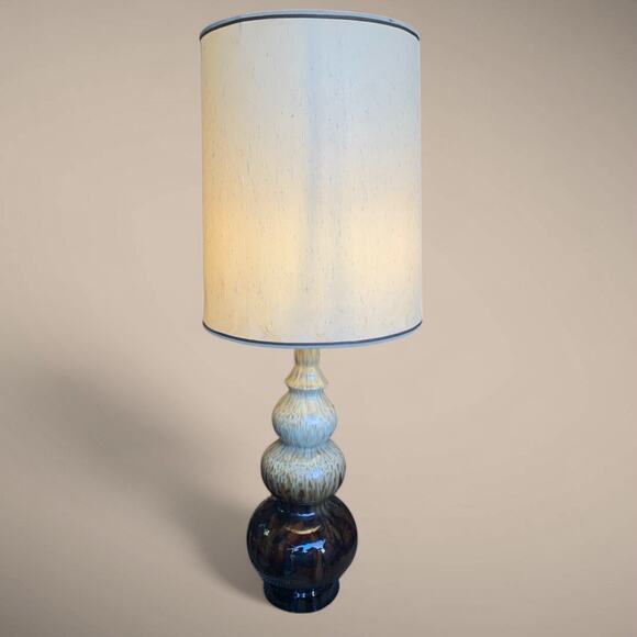 Mid Century Modern Drip Glaze Triple Gourd Table Lamp- Brown & Tan w drum shade - Picture 1 of 8